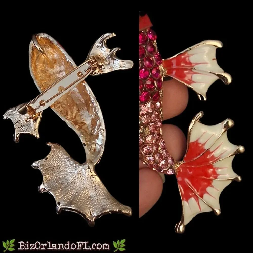 Koi Fish Brooch Pin / Pendant Combo Gold Tone Pink Red Rhinestone Crystal Enamel